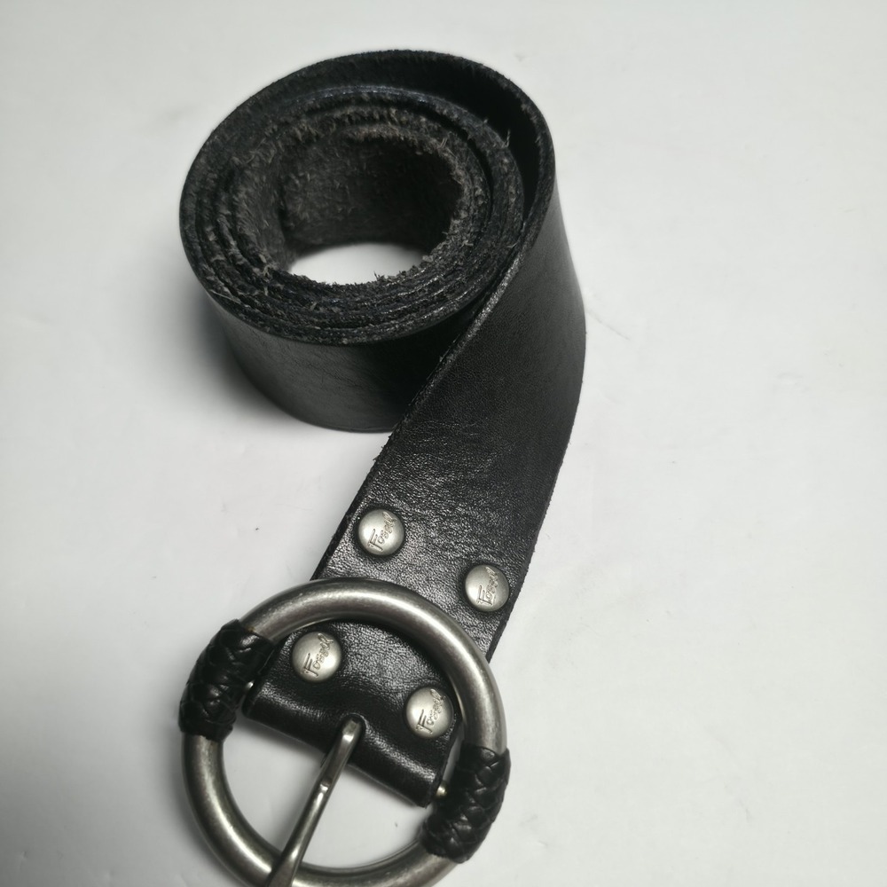 Fossil Black Leather Belt Silver Round Ring Buckle Braided Detail Unisex Sz M